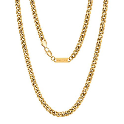 VEXXS Men's Gold Chain,18K Real Gold Filled Cuban Link Chains, 316L Stainless Steel Durable No Color Fading 3mm 4mm 6mm Men’s Necklace Chain Urban Fashion Street Wear Gift for Men Women - size: 18 inches, style: 3mm-18K Gold