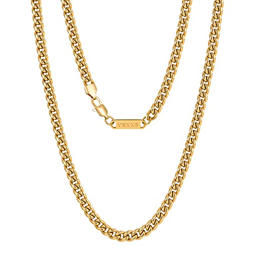 VEXXS Men's Gold Chain,18K Real Gold Filled Cuban Link Chains, 316L Stainless Steel Durable No Color Fading 3mm 4mm 6mm Men’s Necklace Chain Urban Fashion Street Wear Gift for Men Women - size: 26 inches, style: 3mm-18K Gold