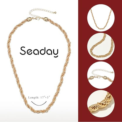 SEADAY Layered Gold Necklace for Women, 3-in-1 Gold Stack Necklace | Long Gold Necklace, Square, Hypoallergenic, Tarnish-resistant & Adjustable, Fashion Jewelry Gift Box & Gift Bag - color: Gold - Chunky Chain S