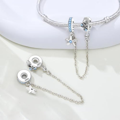 Spacer Stopper Beads for Bracelets & Necklaces, 925 Sterling Silver Beads | Smooth & Pave Cubic Zirconia (White, Blue, 18K Gold Plated) | Anti-Slide Separator Charms S925 Women Jewelry - color: Safety Chain Starfish Shell