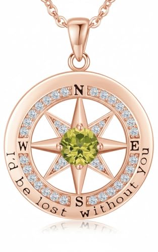 Compass Necklace for Women Wife Girlfriend Mom Daughter Gifts | S925 Silver Jewelry For Anniversary 18K Rose Gold Gifts For Birthday Christmas Mothers Valentines Day 12 Birthstones - style: 08-August-Rose Gold