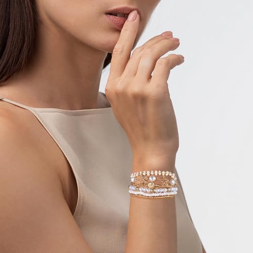 Summer Surfer Heishi Bracelet Set for Women Stackable Gold Plated Clay Ploymer Bead Stretch Pink Beach Layering Bracelets Jewelry - color: A-Starfish bracelet 6pcs