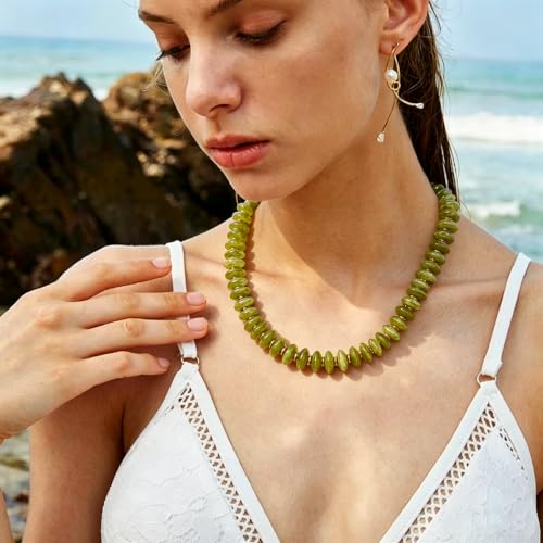 Resin Chunky Beaded Necklace for Women,Vacation Jewelry | Acrylic Beads,Boho Summer Beach Handmade Jewelry,Trendy Bold Statement Beaded Necklace,Birthday Gift for Women - color: Olive Green