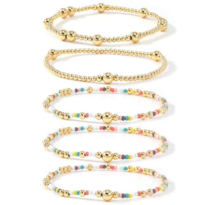 Stack Small Seed Bead Bracelets Set for Women, Boho Handmade Colorful Stretch Accessories Jewelry, Summer Beach Daily Wear Holiday Friendship Gift - color: Rainbow