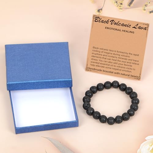 LPBeads Handmade Natural Gemstone Stretch Elastic Bracelet Healing Crystal Round Stone Beads Jewelry Gifts for Women Men - color: Black Lava, size: 10mm