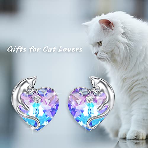 AOBOCO 925 Sterling Silver Cute Cat Studs Earrings for Women | Heart Crystals from Austira Cats Jewelry Gifts for Cat Lovers - color: Violet Purple