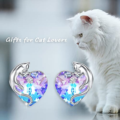 AOBOCO 925 Sterling Silver Cute Cat Studs Earrings for Women | Heart Crystals from Austira Cats Jewelry Gifts for Cat Lovers - color: Violet Purple