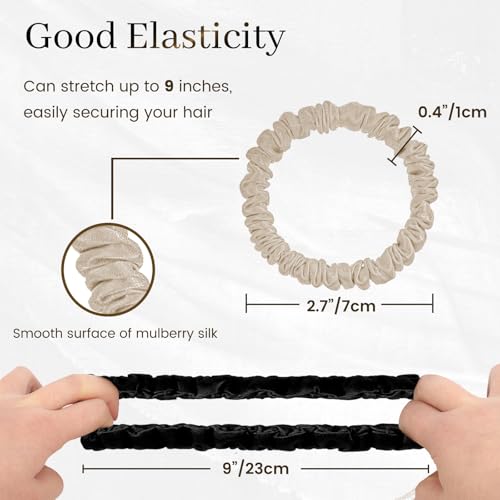 22 Momme 6PCS 100% Mulberry Silk Hair Ties Small Silk Scrunchies for Women Girls Curly Thick Thin Hair .Women's Black Cute Satin Sleepy Bulk Hair Tie Scrunchie Sleep Style 14 - color: Small Silk Hair ties-14
