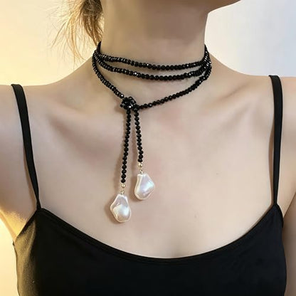 Chunky Puffy Heart Layered Gold Choker & Green Beaded Lariat Necklace with Baroque Pearl Drops, Adjustable Wrap Y Style Bohemian Jewelry Fashion Accessory for Women Gifts - color: black