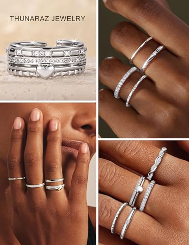 THUNARAZ 9Pcs Gold Stackable Rings for Women Non Tarnish Adjustable Rings | 14k Gold Plated,Open Adjustable Rings Set,Stack,CZ Thumb Ring,Statement Band Ring,Engagement Wedding Jewelry,Waterproof - color: Silver Tone