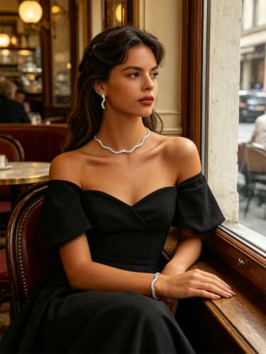 Gold Rhinestone Jewelry Set for Women Crystal Choker Necklaces Drop Earrings Adjustable Bracelet Elegant Prom Bridal Jewelry - color: Silver