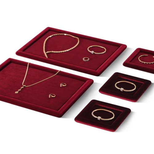 Velvet Jewelry Display Tray for Ring Earrings Necklace Bracelet Flat Tray - color: Red, size: 5.12 × 5.12 in
