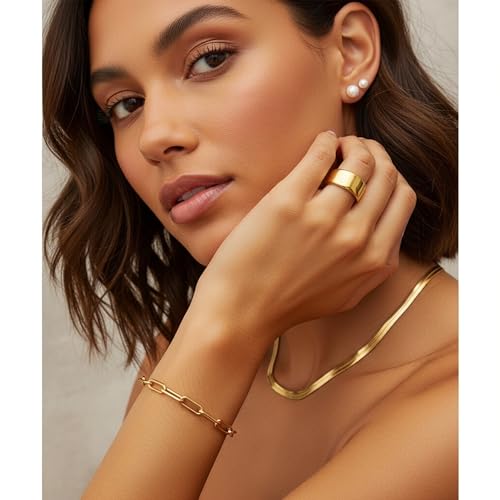 YEEZII 56 Pcs Gold Jewelry Set for Women with 5Pcs Layered Necklace, 5Pcs Layered Necklace, 12 Bracelets, 4 Hoop Earrings, 8 Stackable Rings, 10 hairpins, 12 Studs Earrings Jewerly set for Women - color: Gold-A