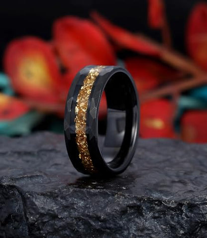 8mm Black Tungsten Mens Wedding Band with Moss Agate/Emerald/Citrine | Amethyst/Aquamarine, Gothic, Birthstone, Hammered, Engagement Promise Ring, Anniversary Valentine Day Birthday Gift for Him - style: Yellow Citrine