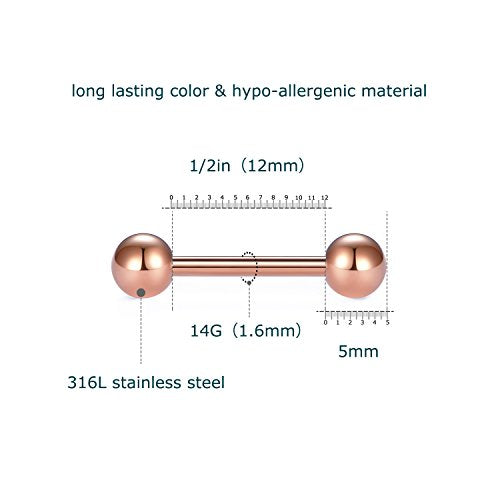 VCMART 12mm-18mm 14G Tongue Rings Nipple Straight Barbells Surgical Steel Body Piercing Jewelry - style: Style E3 -12pcs, rose gold