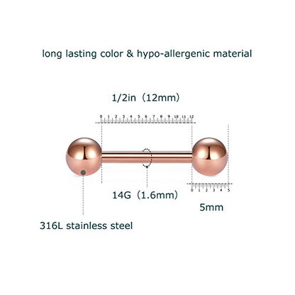VCMART 12mm-18mm 14G Tongue Rings Nipple Straight Barbells Surgical Steel Body Piercing Jewelry - style: Style B -14pcs