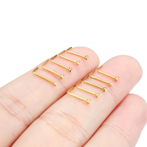Hoeudjo Nose Studs Surgical Steel Cubic Zirconia Nose Rings Kit for Women Men Tiny Nose Stud Bone & Screw & L Shaped Nostril Piercing Jewelry 18/20/22/24 Gauge 10 Pieces - color: gold-tone,L-shaped nose studs, size: 22g/1.5mm clear CZ