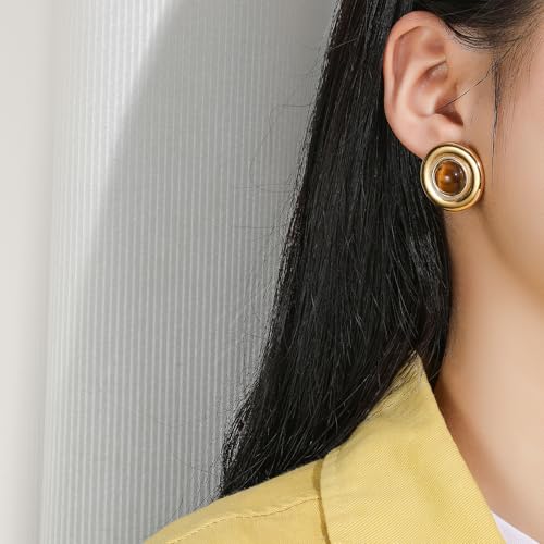 Brown Earrings Circle Chunky Earrings for Women Trendy 18K Gold Plated Stud Hoop Stainless Steel Hypoallergenic - color: Round Disc Stud