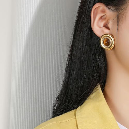 Brown Earrings Circle Chunky Earrings for Women Trendy 18K Gold Plated Stud Hoop Stainless Steel Hypoallergenic - color: Round Disc Stud