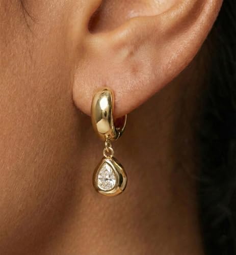 NIXMAX Trendy Gold Dangle Earrings for Women, Chunky Statement CZ Hoops | Bezel-Set Cubic Zirconia Charm, 14K Gold Plated, Lightweight Hypoallergenic Jewelry, Fashion Accessories, Gifts for Women - color: Gold-Chunky Teardrop Hoops