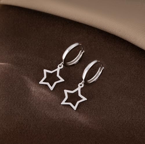 Reffeer Solid 925 Sterling Silver Star Hoop Dangle Earrings for Women Teen Girls Star Drop Earrings Huggie - color: A-Silver