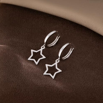 Reffeer Solid 925 Sterling Silver Star Hoop Dangle Earrings for Women Teen Girls Star Drop Earrings Huggie - color: A-Silver