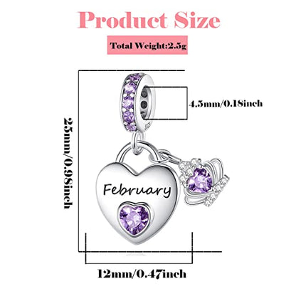Birthstone Charms for Charms Bracelet: 925 Sterling Silver Heart Dangle Charms for Bracelets and Necklaces, Birthday Mother's Day Christmas Gifts For Women. - color: February