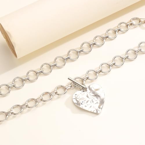 Sora Tuki Gold Chunky Necklace for Women Trendy Big Silver Statement Necklace Large Heart Hollow Square Necklaces Bold Thick Chain OT Toggle Necklaces Boho Chunky Jewelry - color: Style 1 - Silver-Heart