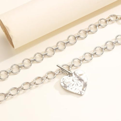 Sora Tuki Gold Chunky Necklace for Women Trendy Big Silver Statement Necklace Large Heart Hollow Square Necklaces Bold Thick Chain OT Toggle Necklaces Boho Chunky Jewelry - color: Style 1 - Silver-Heart