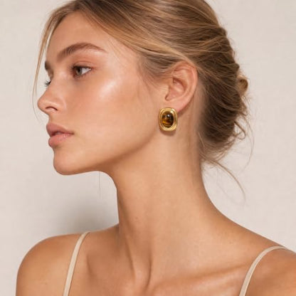 Chunky Gold Stud Earrings for Women 18K Gold Plated Hypoallergenic Chunky Statement Earrings Big Natural Crystal Stone Earring Gift for Women - color: Tiger Eye