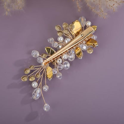Teyglen Bridal Rhinestone Hair Clip Gold Pearl Crystal Hair Barrette Sparkly Hair Piece Wedding Hair Clips Hair Accessories Jewelry for Women (Gold) - color: Gold