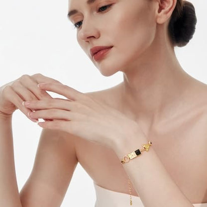 Cicy Bell Evil Eye Bracelets 18k Gold Plated Adjustable | Turquoise，Zirconia Link, Trendy Jewelry Gift for Women, 15.9" with 1.9'' Extender - color: B-Gold
