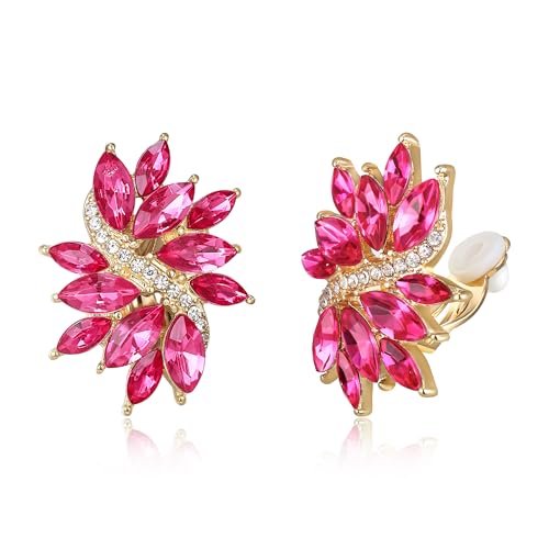 EVER FAITH Sparkly Rhinestone Clip-on Earrings for Women Bride, Fashion Marquise Crystal Cluster Wedding Bridal Stud Earring for Prom Formal Party - color: Hot Pink Gold-Tone
