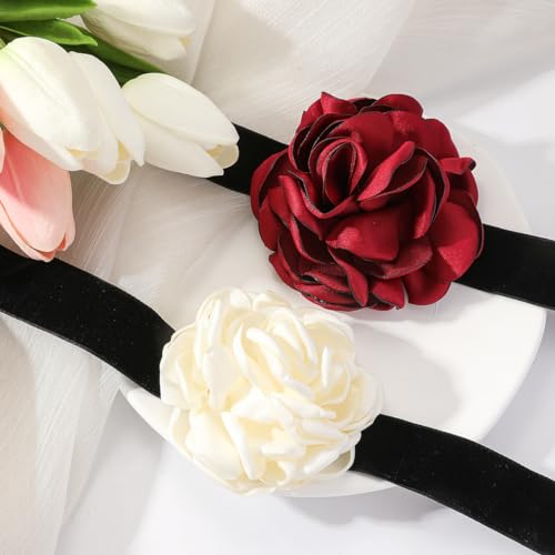 Rose Black Velvet Floral Choker Necklace - Camellia Daisy Rosette - Spring Summer Flower Jewelry - color: Red2