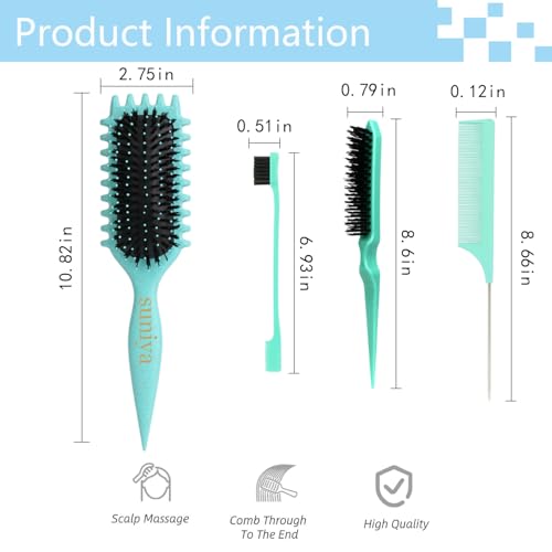 Curly Hair Brush,Curl Defining Brush plus 3 Pieces Hair Styling Comb Set(Slick Back Hair Brush,Rat Tail Comb,Edge Bristle Brush) for Combing, Shaping, Styling(Pink) - color: Pink