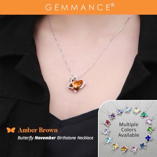 Butterfly Necklace, Birthstone Crystal, for Women, Silver Tone Pendant Jewelry, Anniversary Birthday Gift for Her, Wife & Mom, 18"+2" - color: 11a-November Birthstone - Amber Brown Crystal