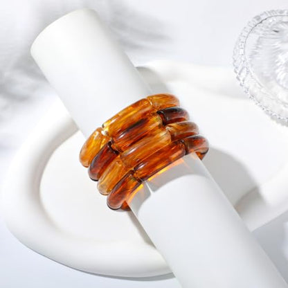GOOJIDS Simple Beaded Gold Plated Bangles Bracelet Chunky Bamboo Tube Curved Stacking Clear Acrylic Colorful Beads Stretchable Gold Plated Bracelets Set For Women - color: S-Brown 4pc Set