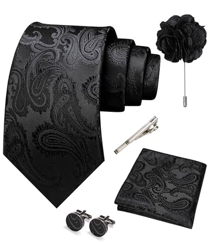 JEMYGINS Mens Paisley Tie and Pocket Square,Lapel Pin,Cufflinks,Tie Clip Sets with Gift Box 5PCS - color: Black