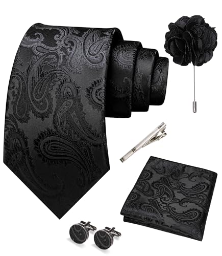 JEMYGINS Mens Paisley Tie and Pocket Square,Lapel Pin,Cufflinks,Tie Clip Sets with Gift Box 5PCS - color: Black