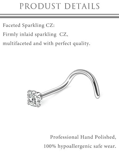Hoeudjo Hypoallergenic Nose Rings Studs 24G Surgical Stainless Steel Cubic Zirconia Nose Studs for Women Men Screw & Bone & L Shaped Nostril Piercing Jewelry with 1.5mm 2mm 2.5mm 3mm CZ - color: silvertone,screw nose studs