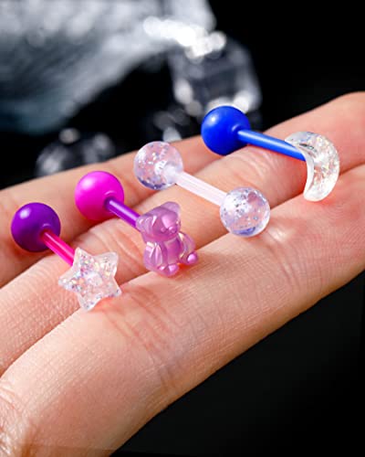 COCHARM 4PCS Acrylic Tongue Rings Flexible 14g Plastic Tongue Rings for Women UV Pink Bear Moon Tongue Barbell Star Tongue Ring Set Bio-Flex Tongue Piercing Jewelry