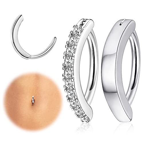 2Pcs 14G Clicker Belly Button Ring for Women Surgical Steel CZ Opal Belly Ring Simple Reverse Navel Rings Body Jewelry - color: Silver, size: 12MM