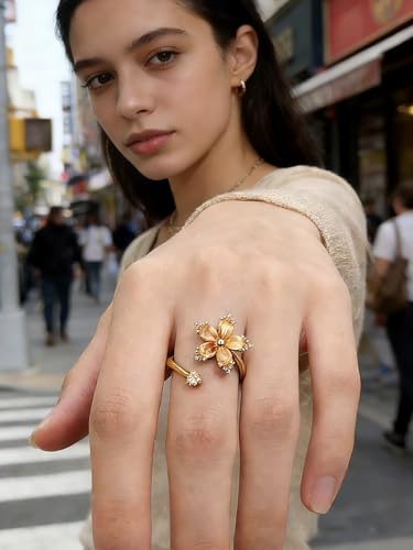 Anxiety Rings for Women – Adjustable Flower Spinner Ring, Daisy & Sunflower Fidget Ring, Gold Plated Calming Jewelry - style: Style 02