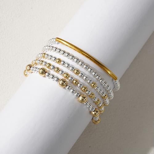 14K Gold Plated Beaded Bracelets Stack Set for Women,Stretch Boho Ball Jewelry Friendship Trendy - color: Gold silver