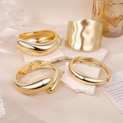 Chunky Gold Bangles Bracelets for Women, 14k Gold Plated Hinged Big Stackable Bangles Set, Trendy Wide Statement Cuff Bracelets Stack Fashion Jewelry Gifts - color: Gold-4pcs-Styles-1