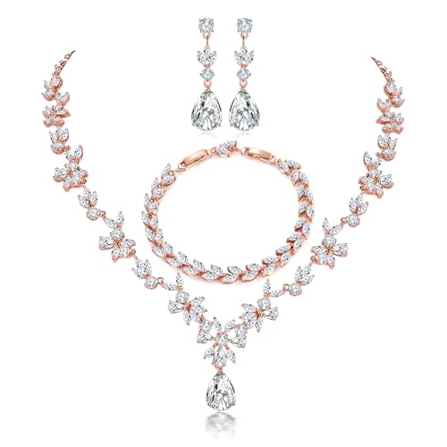 Jewelry Set for Women, Necklace Dangle Earrings Bracelet Set with White AAA Cubic Zirconia, Allergy Free Wedding Party Jewelry for Bridal Bridesmaid - color: Necklace + Earrings + Bracelet-Rose gold plated