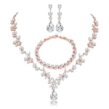 Jewelry Set for Women, Necklace Dangle Earrings Bracelet Set with White AAA Cubic Zirconia, Allergy Free Wedding Party Jewelry for Bridal Bridesmaid - color: Necklace + Earrings + Bracelet-Rose gold plated