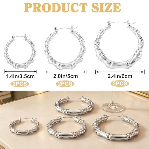 PAGOW 3 Pairs Large Bamboo Earrings, Silver Plated Hoop Bamboo Earrings | Round Hoop Y2K Earrings, Hypoallergenic 80s 90s Shiny Hip Hop Earring Hoops for Women Jewelry Party - 3 Sizes - color: silver,hoop 3 sizes