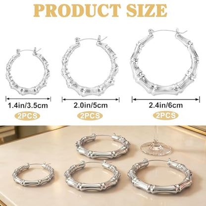 PAGOW 3 Pairs Large Bamboo Earrings, Silver Plated Hoop Bamboo Earrings | Round Hoop Y2K Earrings, Hypoallergenic 80s 90s Shiny Hip Hop Earring Hoops for Women Jewelry Party - 3 Sizes - color: silver,hoop 3 sizes