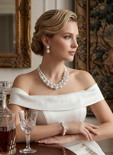 Pearl Necklace Set - Faux Pearl Earrings and Bracelets Jewelry Set for Women Wedding Bridal Shower Tea Party Accessories - style: 3pcs-silver
